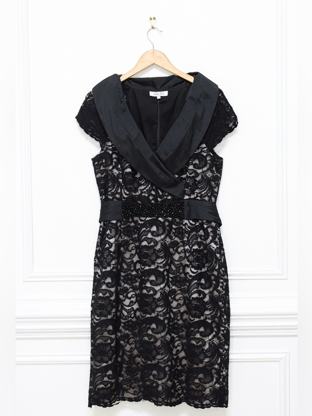 Rickie Freeman Teri Jon Black Lace Dress Sz 14 Beaded Belt Shawl Collar Formal